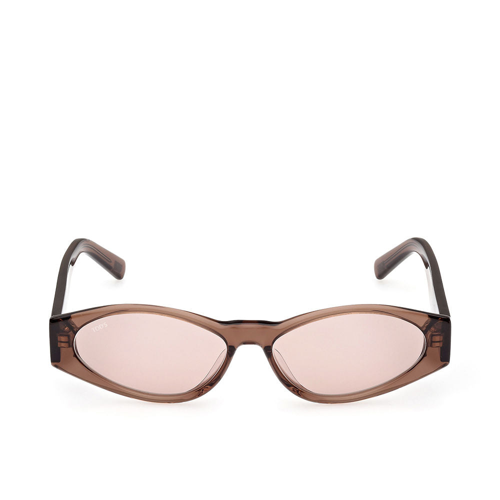 Glossy brown oval acetate sunglasses with brown lenses, slim temples, 140 mm