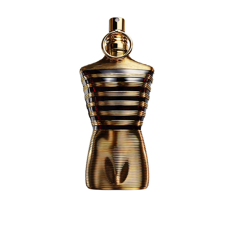 Gold torso-shaped 75 ml eau de parfum bottle; amber-woody fragrance for Man