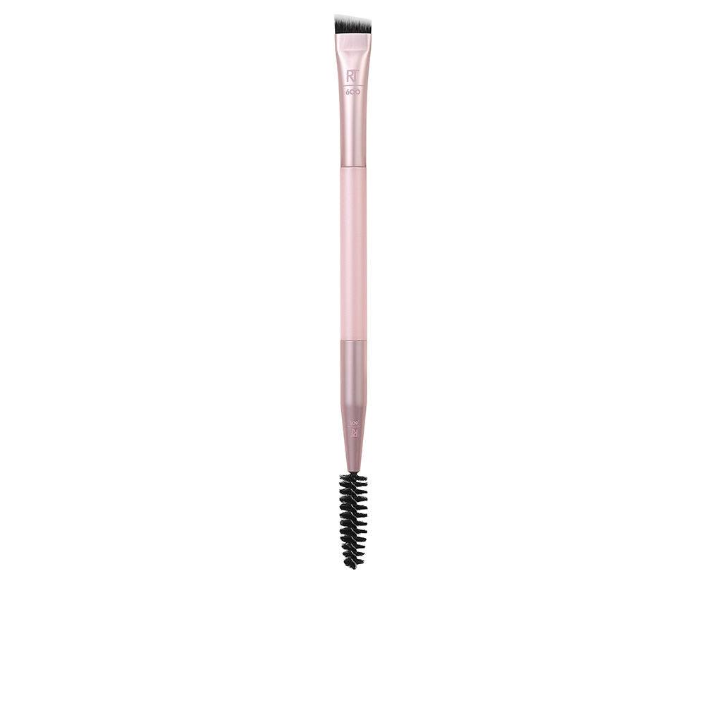 Dual-ended brow brush with angled synthetic tip and spoolie, compact handle