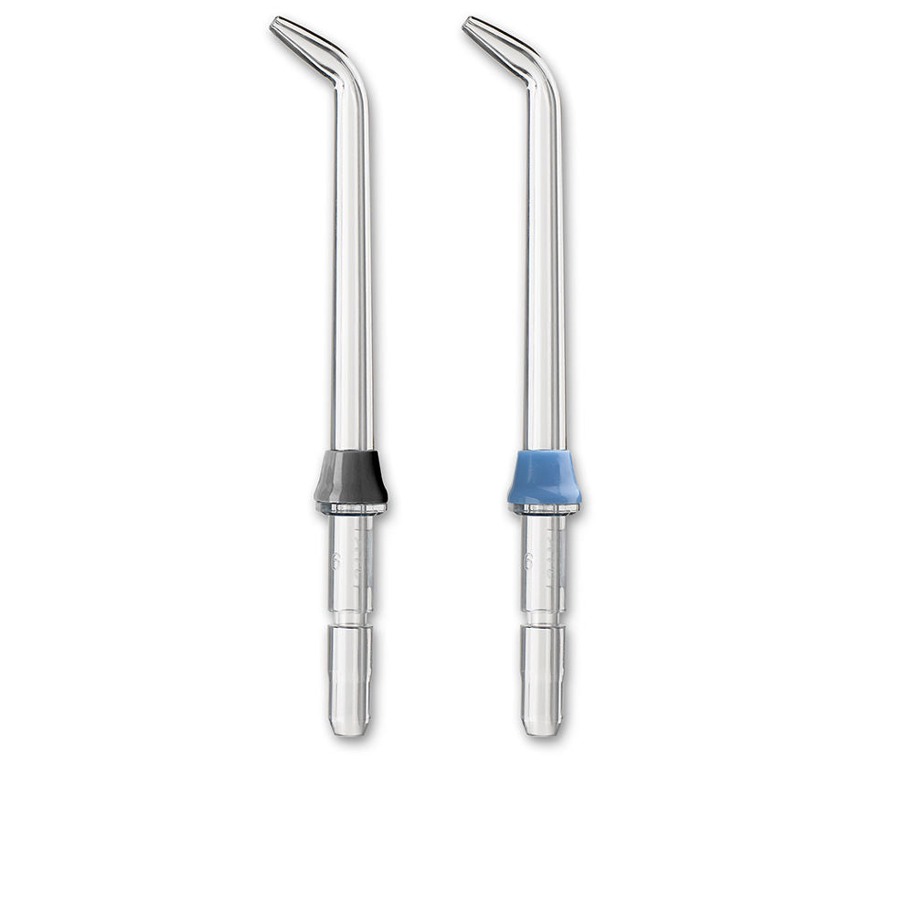 Two standard white irrigator nozzle tips for Waterpik, angled plastic replacement