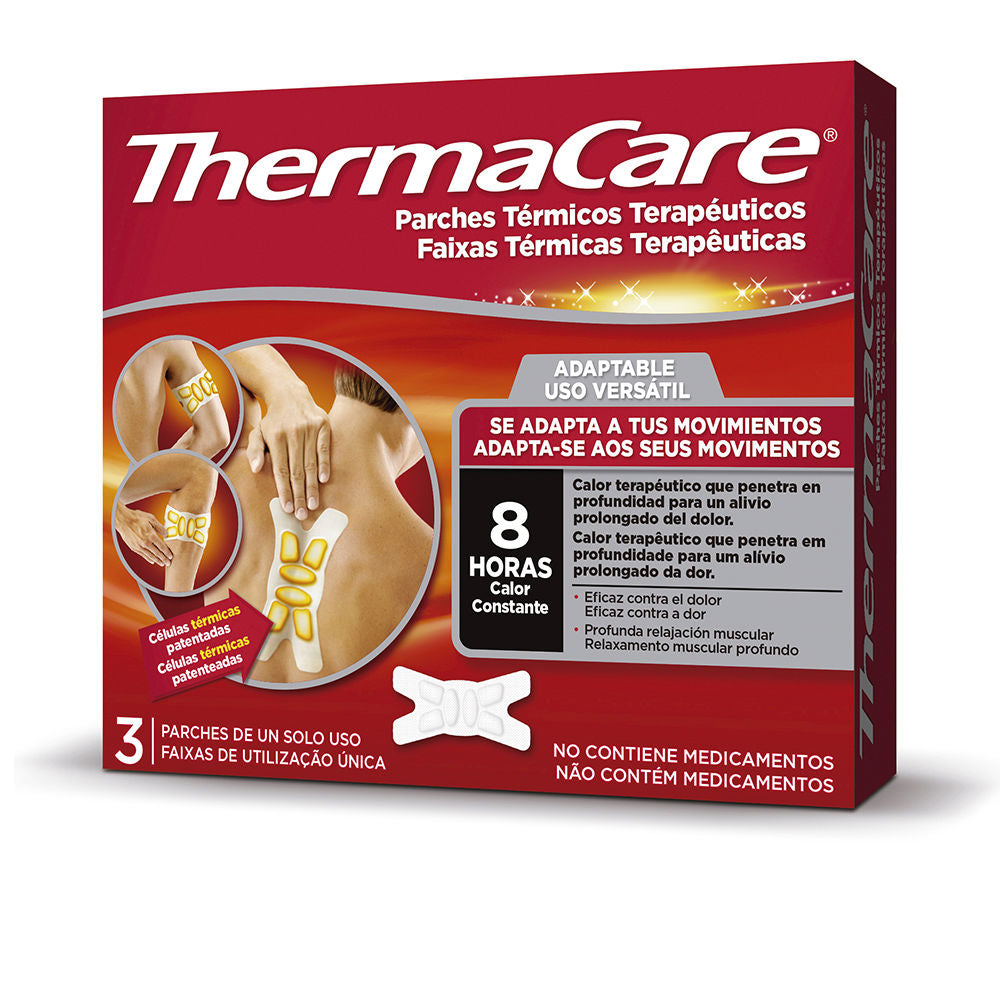 Thermacare Warm red single-use therapeutic heat patch, adaptable shape with adhesive backing, eight-hour constant heat.