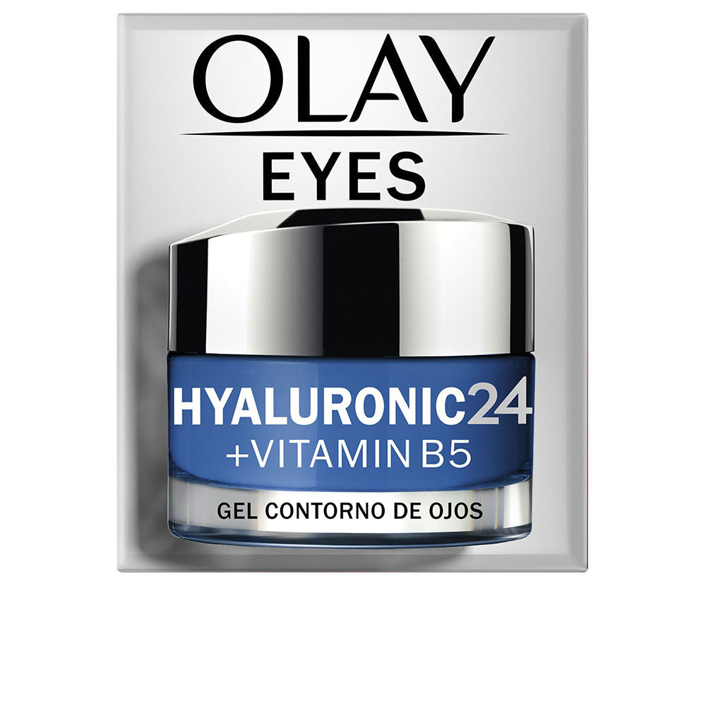 Olay hydrating eye gel in a blue glass jar with metallic lid, modern clean styling, jar visible