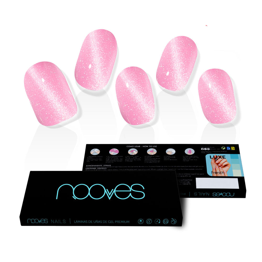 Boxed set of 20 cat-eye pre-cured gel nail sheets with buffer, orange stick and wipes
