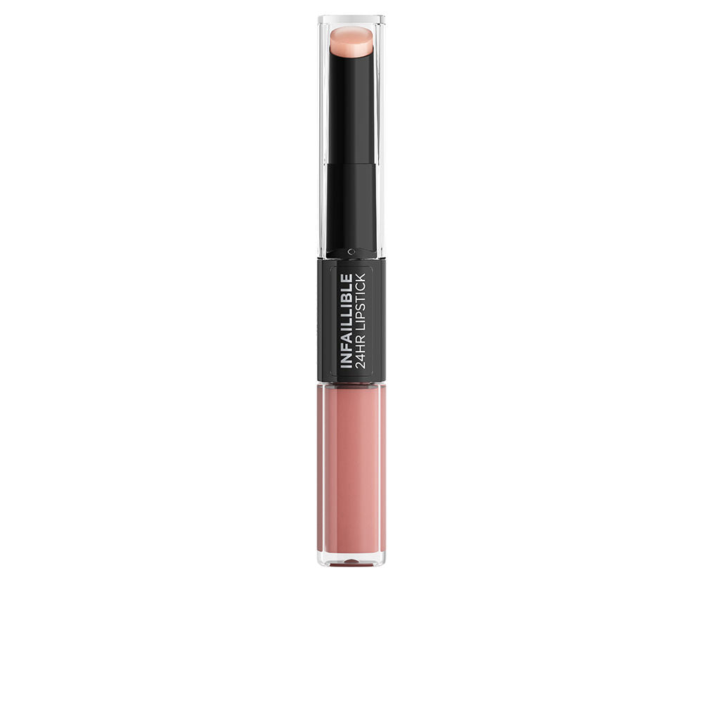 Satin finish long-wear lipstick tube and swatch, 5.7 g, vivid red shade