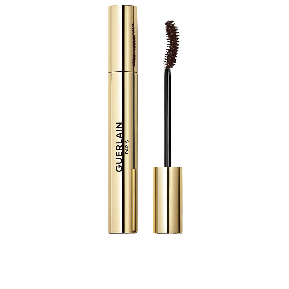 Gold-and-black mascara tube with curved brush, deep brown shade, 6.5 g