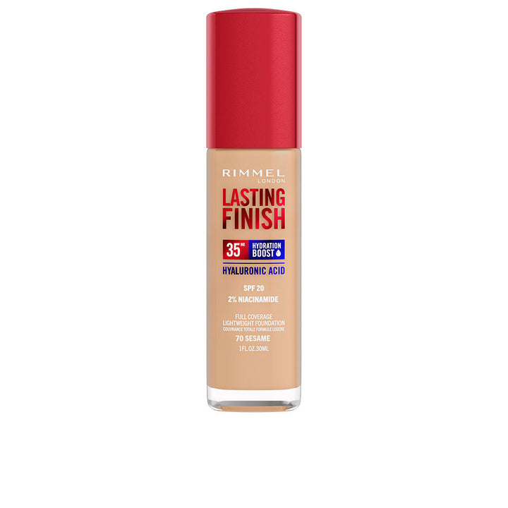 30 ml pump foundation bottle in shade 070 Sesame, fluid texture swatch