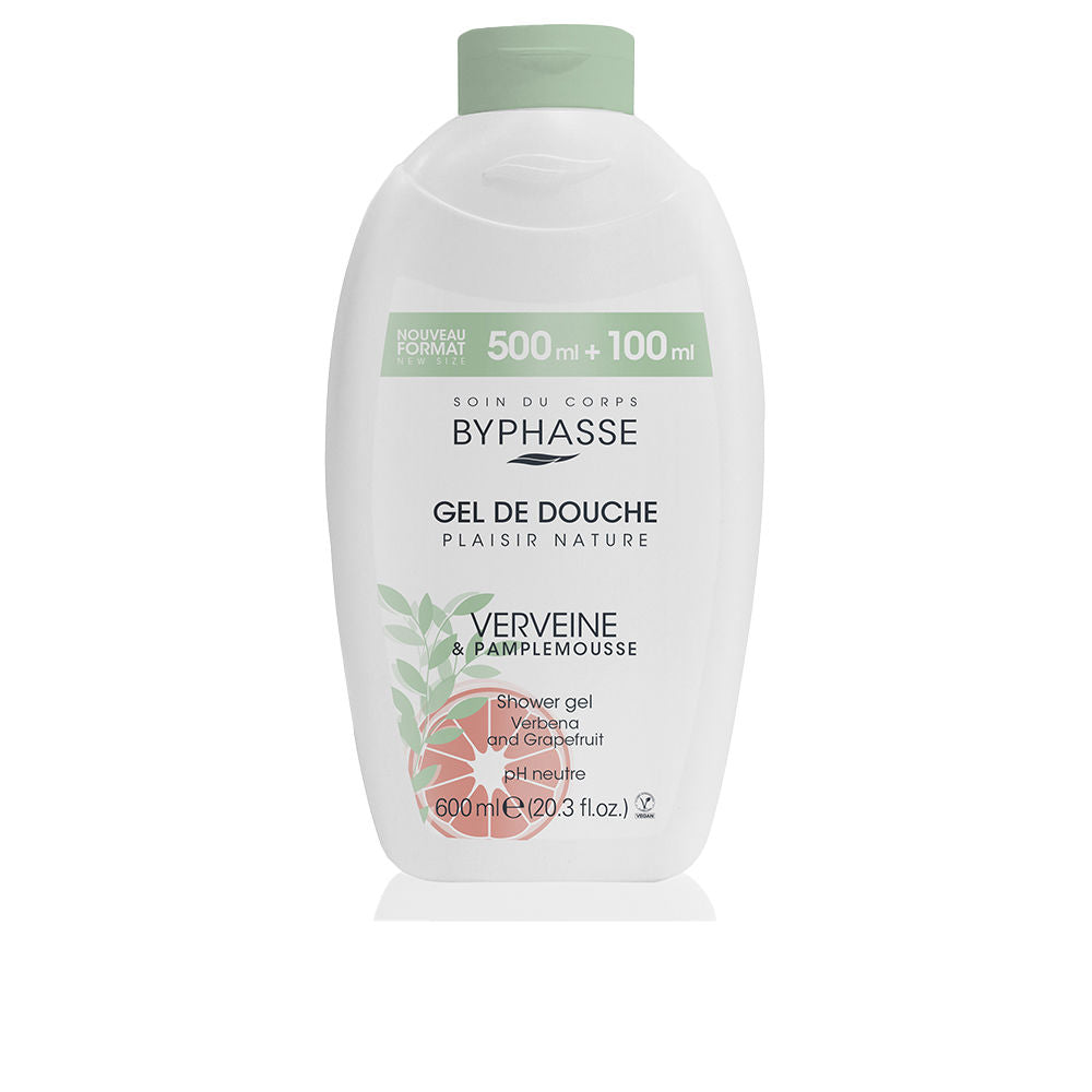 Clear 600 ml shower gel bottle labelled Verbena & Grapefruit for Women