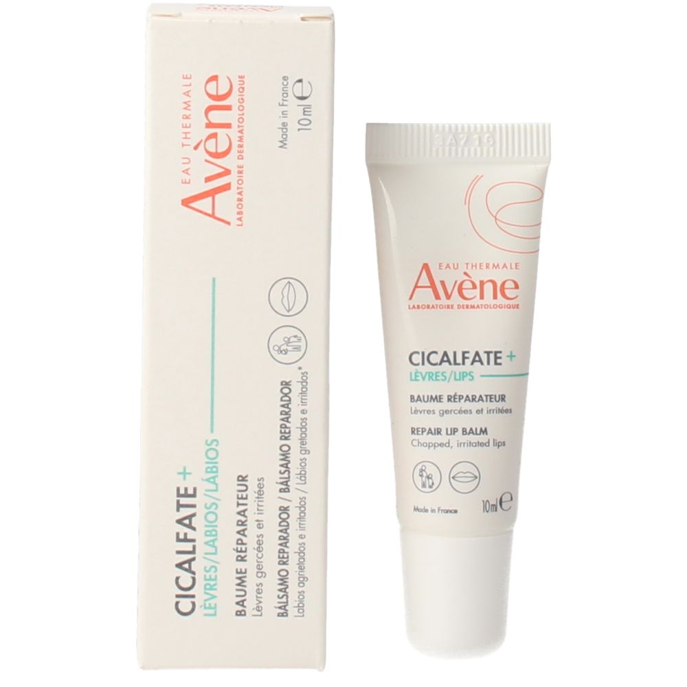 Small 10 ml lip balm tube showing white packaging, thermal water mention, eco‑friendly design