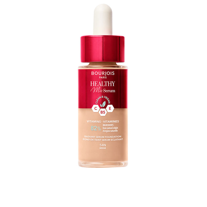 30 ml serum‑foundation tube, medium beige shade, dewy finish