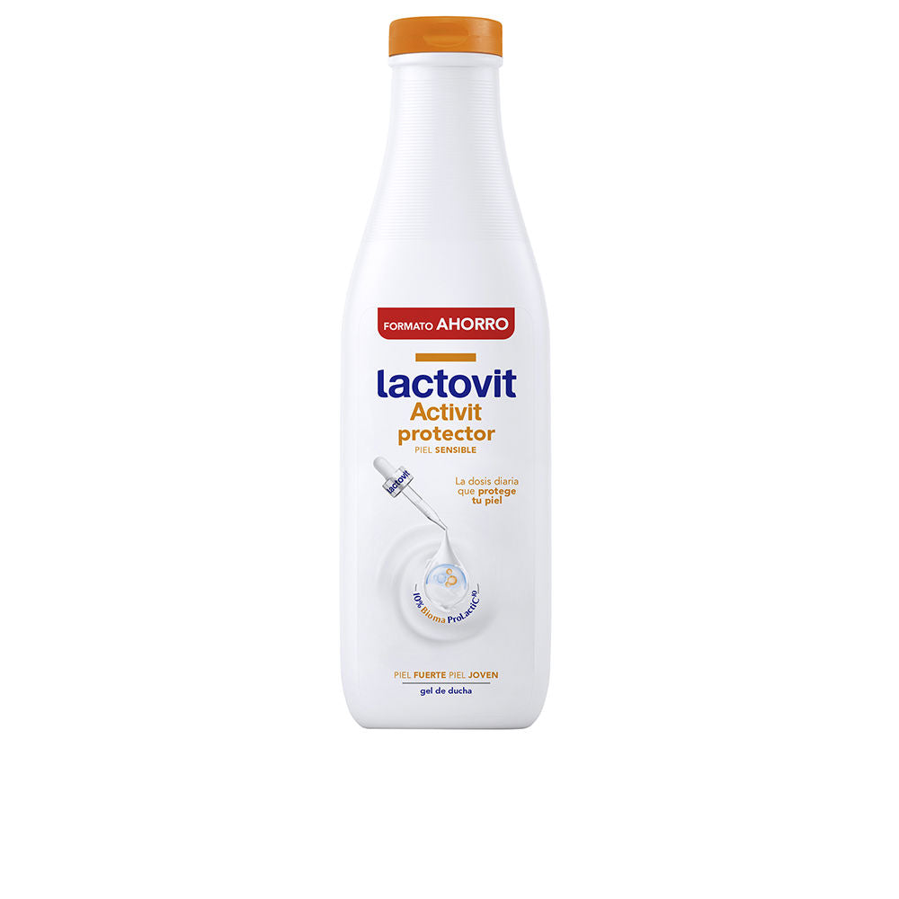 Clear 750 ml microbiome‑support shower gel bottle with Lactobacillus and milk extract