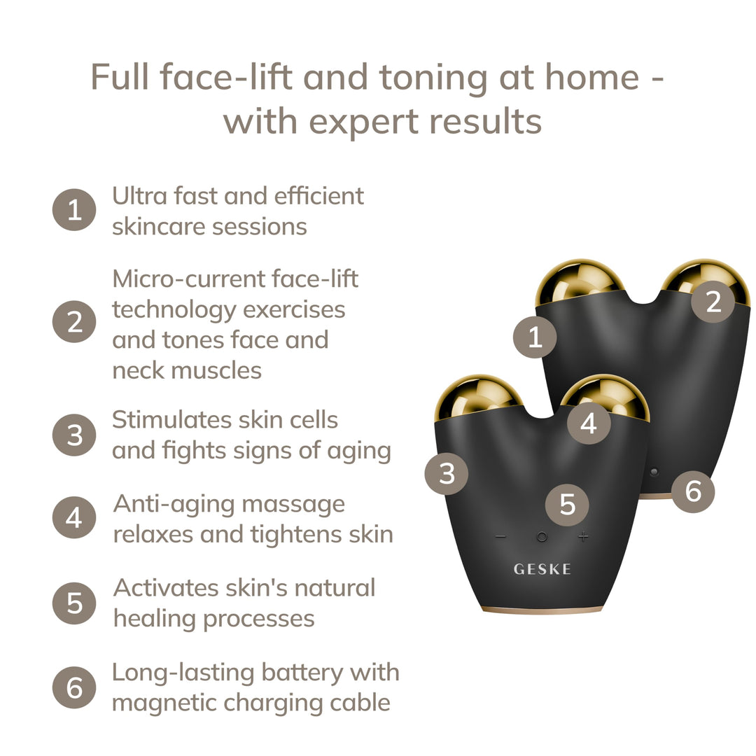 Black 6‑in‑1 microcurrent face‑lift pen with contour spheres and SmartApp guidance