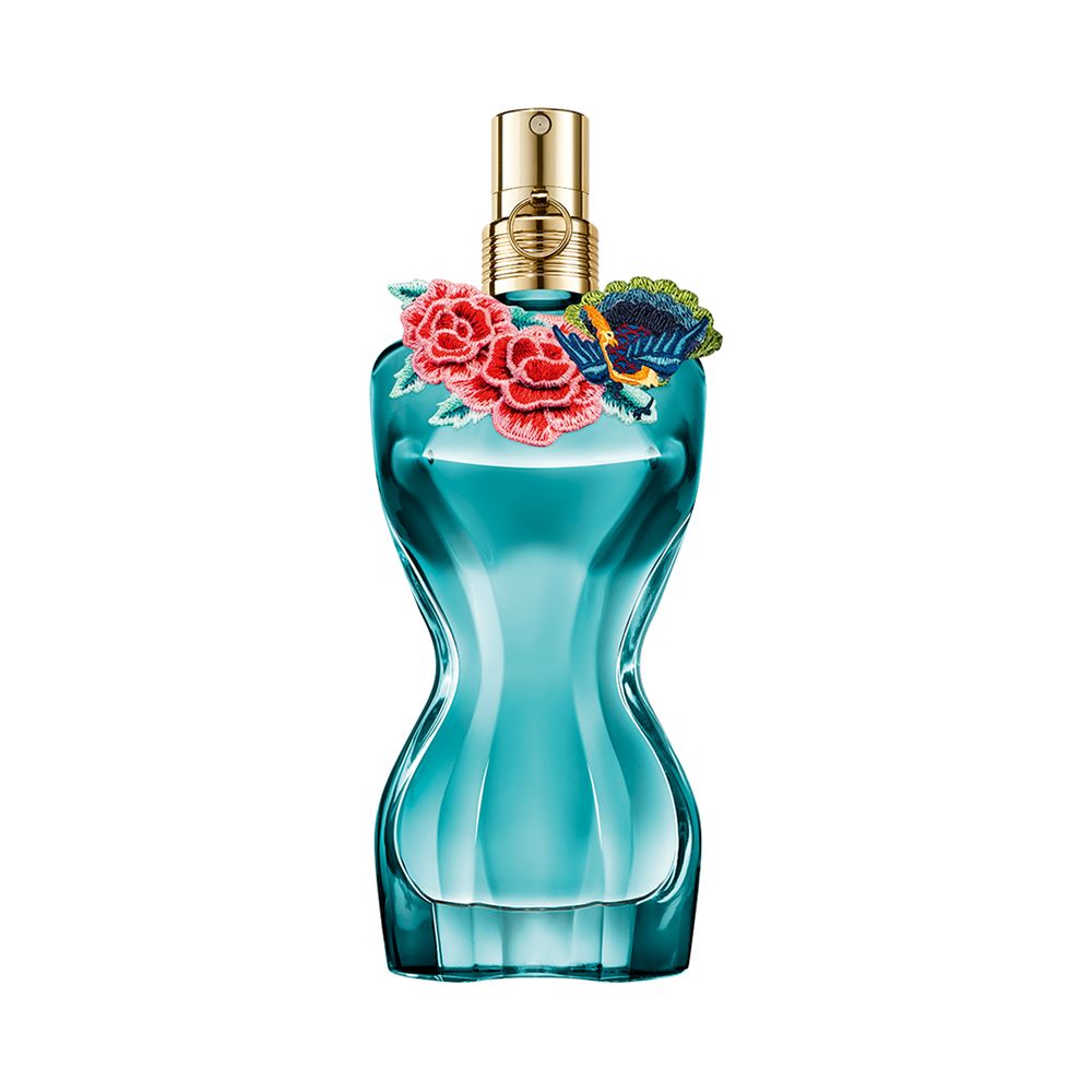Deep blue sculpted perfume bottle with embroidered floral collar, 50 ml.