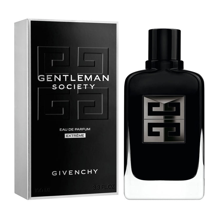 Givenchy Black glass perfume bottle with rectangular shape, metallic logo plaque, glossy finish, rounded edges