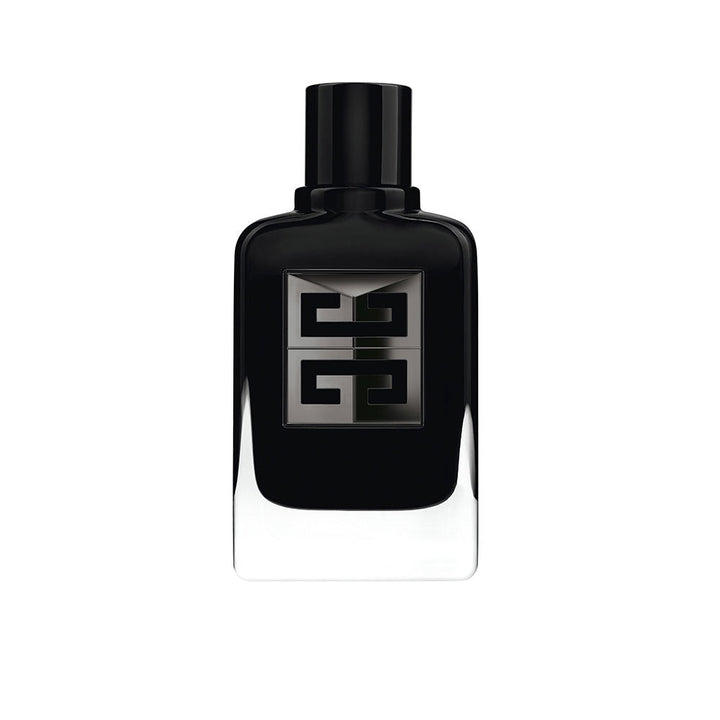 Givenchy Black glass perfume bottle with rectangular shape, metallic logo plaque, glossy finish, rounded edges