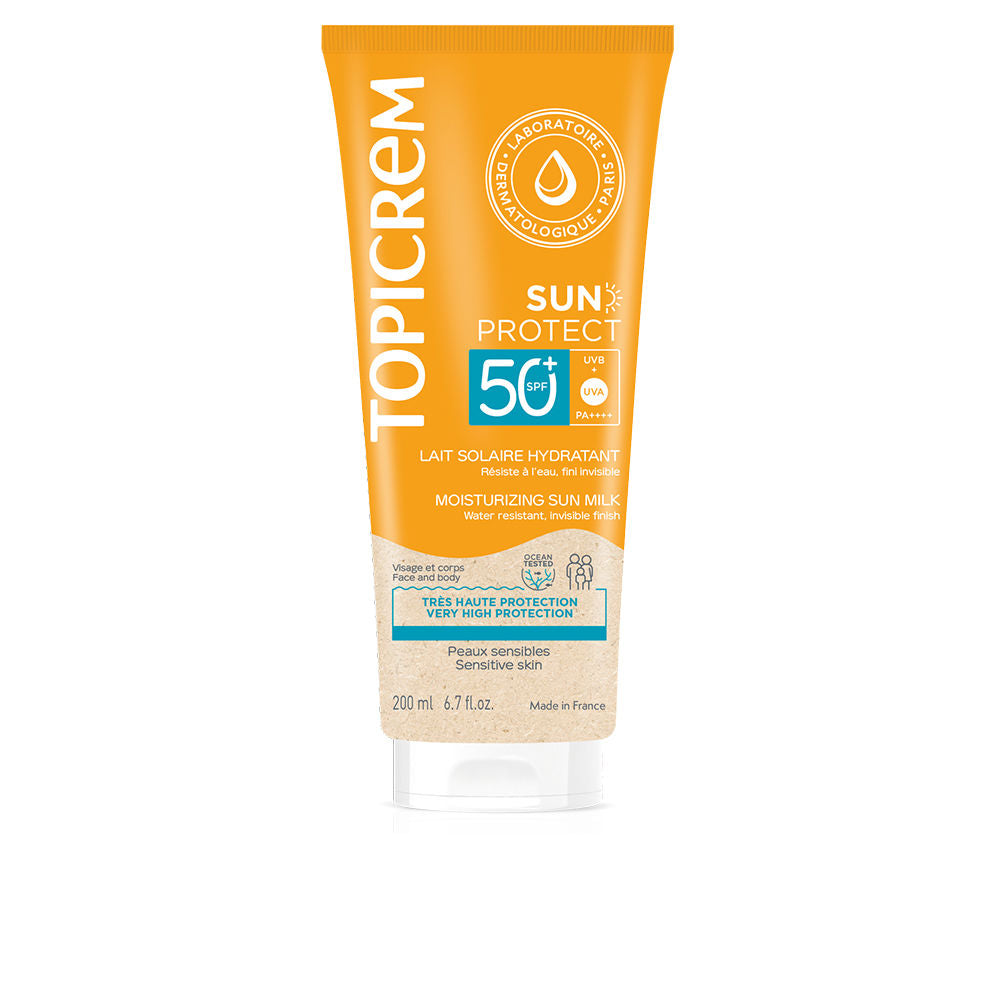 Bottle of Topicrem SPF50+ baby sun milk, lightweight, non-greasy protection