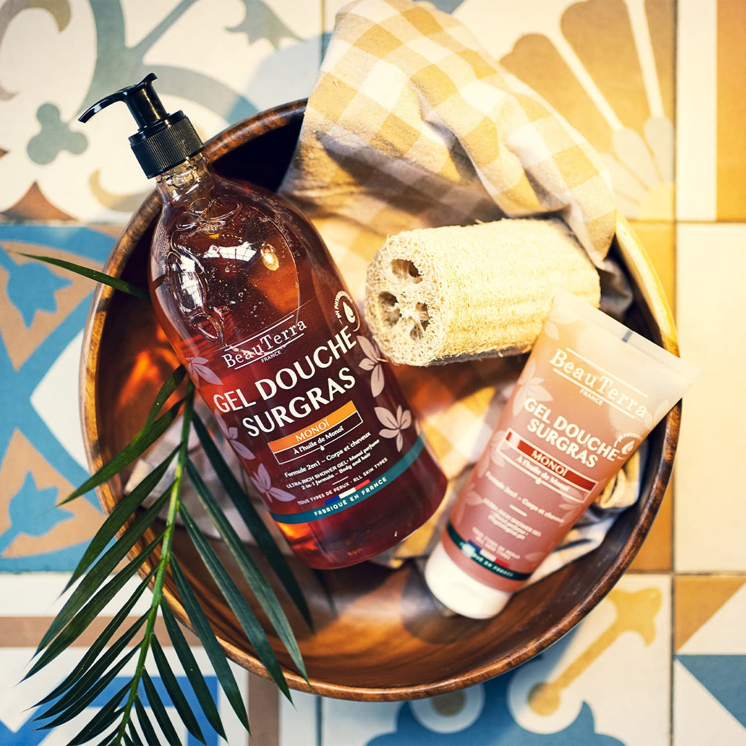 Bottle of Beauterra Monoi shower gel for body and hair, soap-free, natural formula