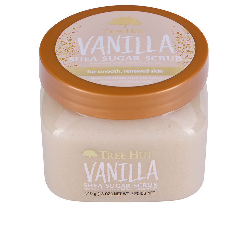 Tree Hut Warm beige and brown round plastic jar with screw-on lid, transparent label showing cream texture
