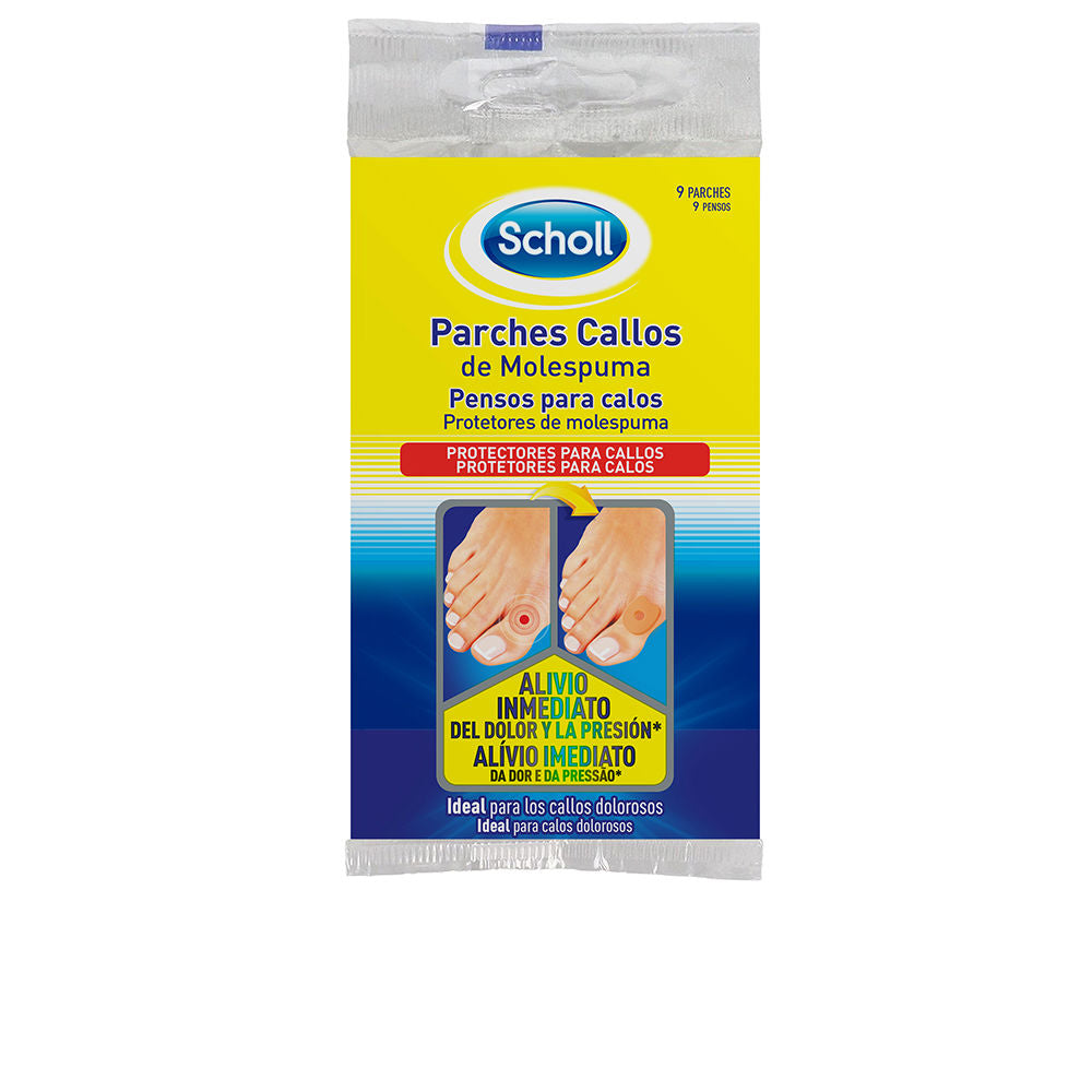 Scholl callus cushion patches in yellow, blue, white, red plastic packaging showing foot images and text blocks