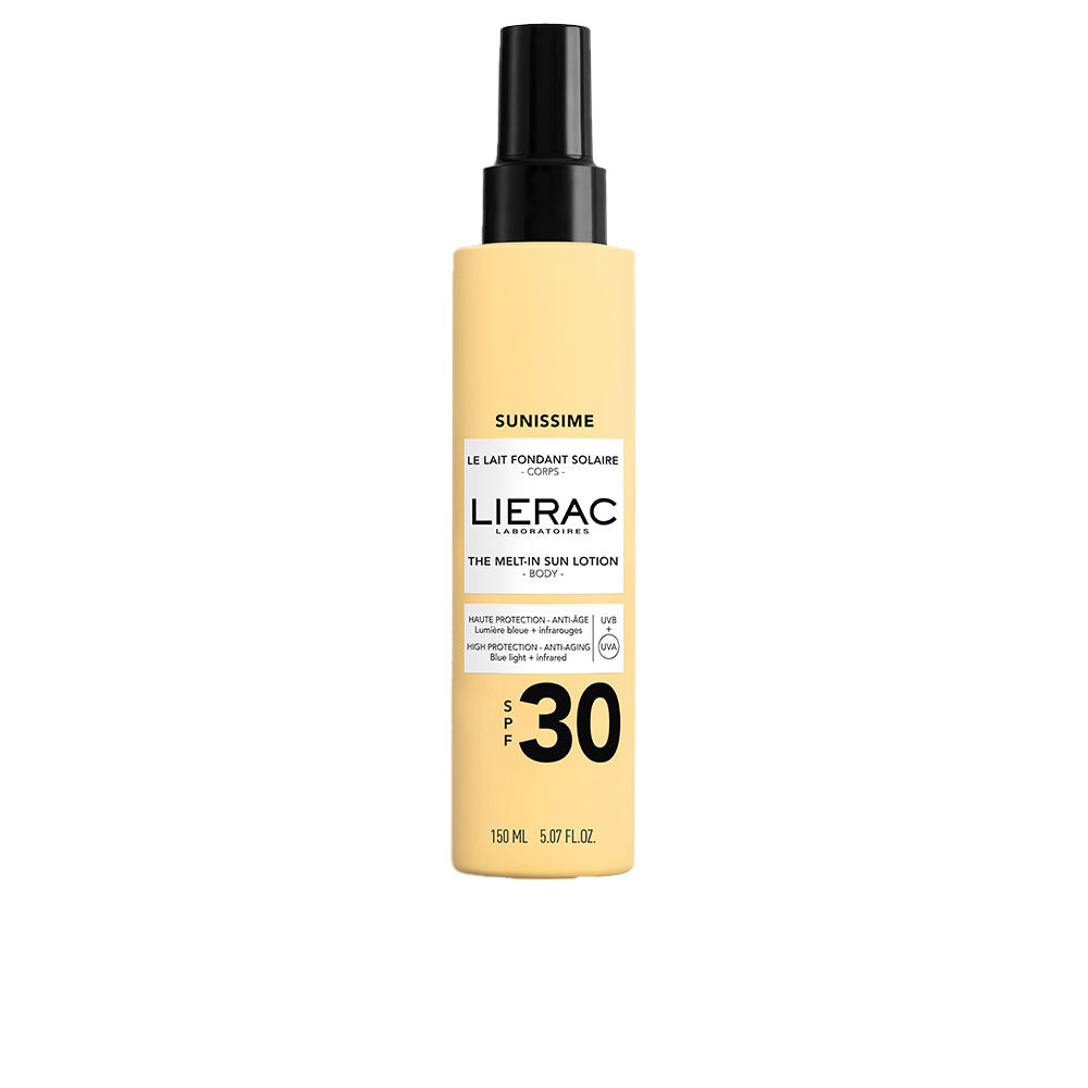 Bottle of Lierac Sunissime SPF30 Melting Sun Milk against neutral background