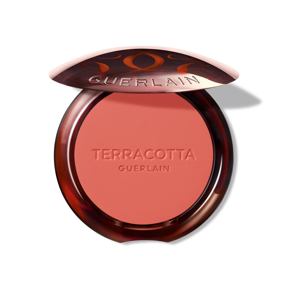 Mini pressed Terracotta powder blush compact, coral shade, matte finish