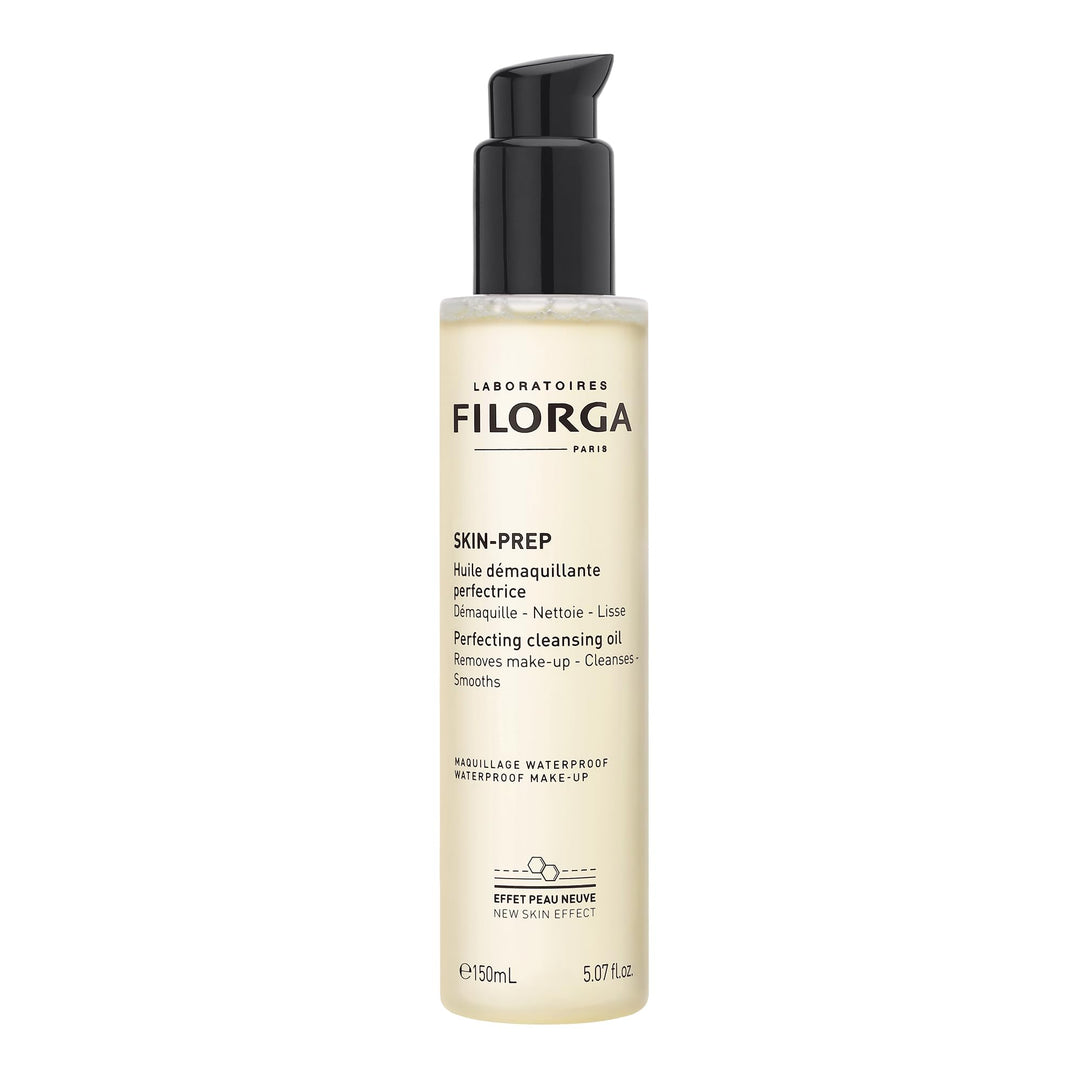 Laboratoires Filorga Glass bottle with pump dispenser and minimalist label for Filorga SKIN-PREP makeup removing oil