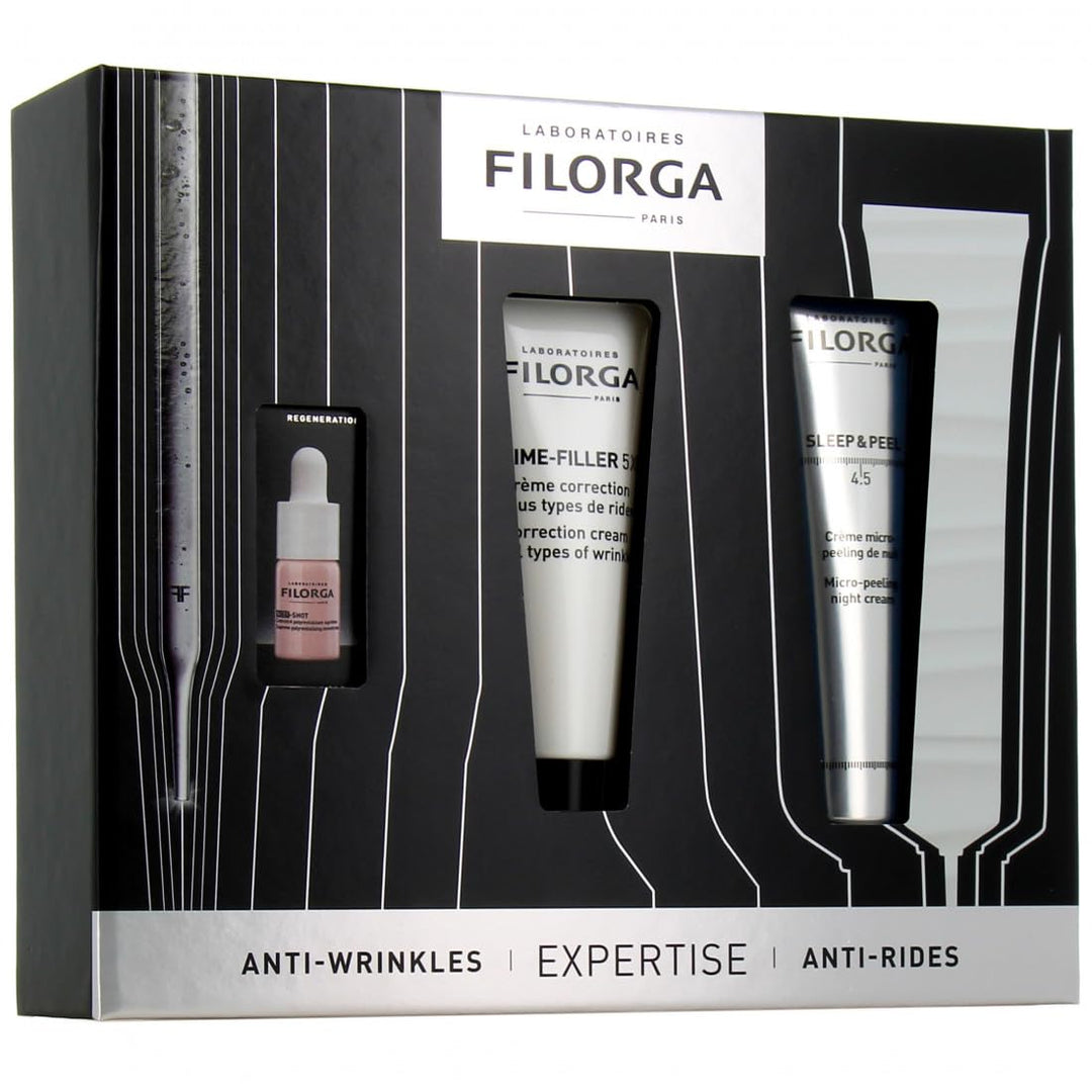 Laboratoires Filorga Cream-filled glass jar with silver lid labeled Filorga Time‑Filler 5XP, clean neutral backdrop