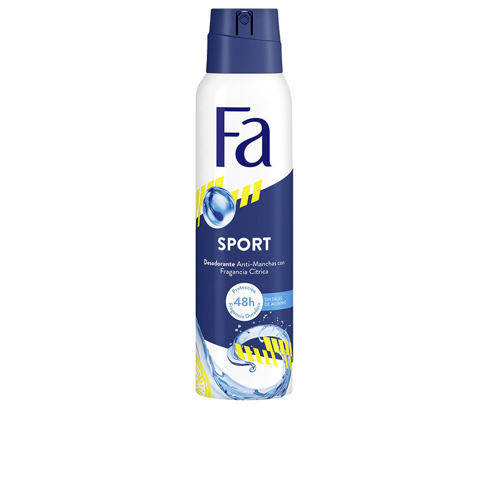 Fa White and blue plastic deodorant spray with spray nozzle cap, blue water droplet and splash graphics