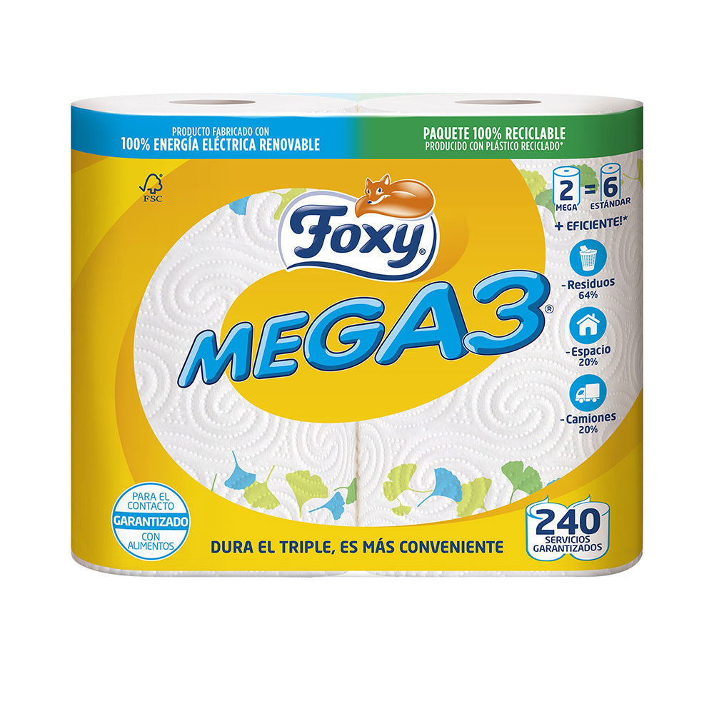 Compact paper towel roll with yellow, blue, white, and green printed leaf patterns, embossed texture, Foxy