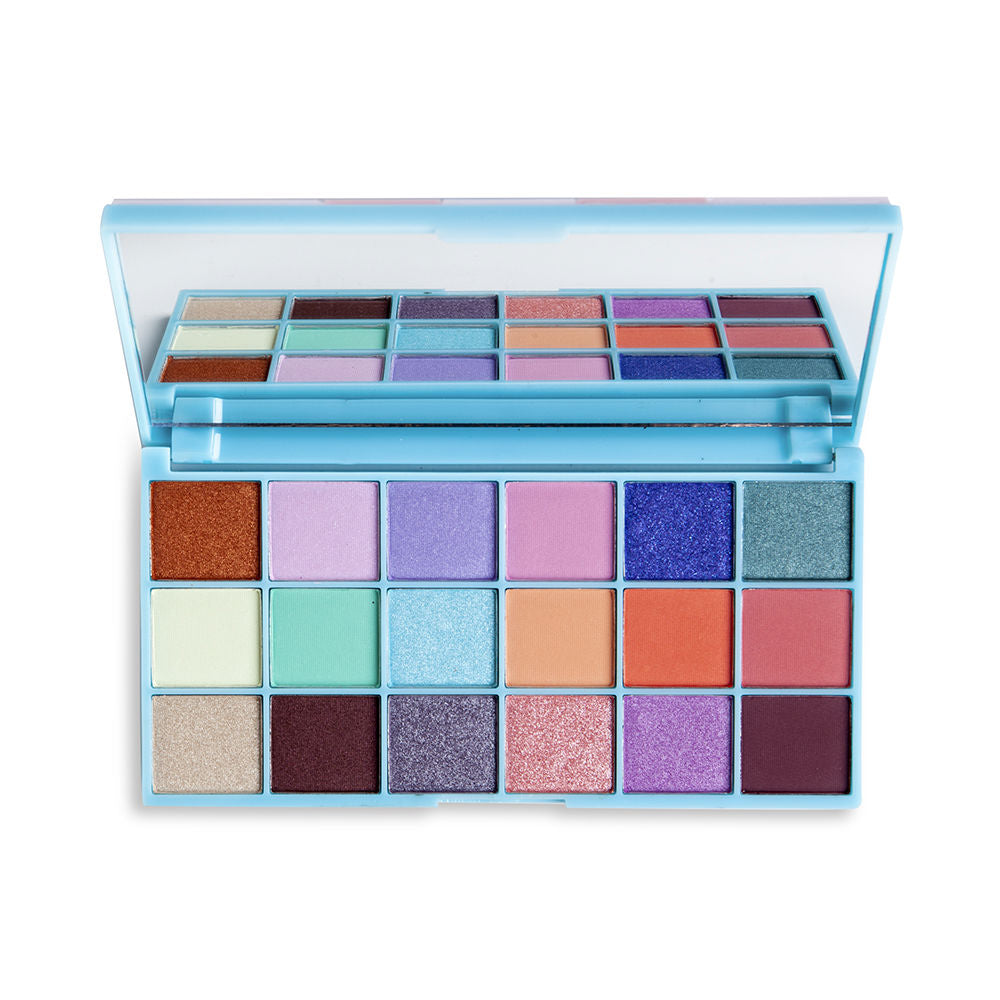 Magic Studio Light blue rectangular eyeshadow palette with multicolor powder pans, matte and shimmer finishes, built‑in mirror