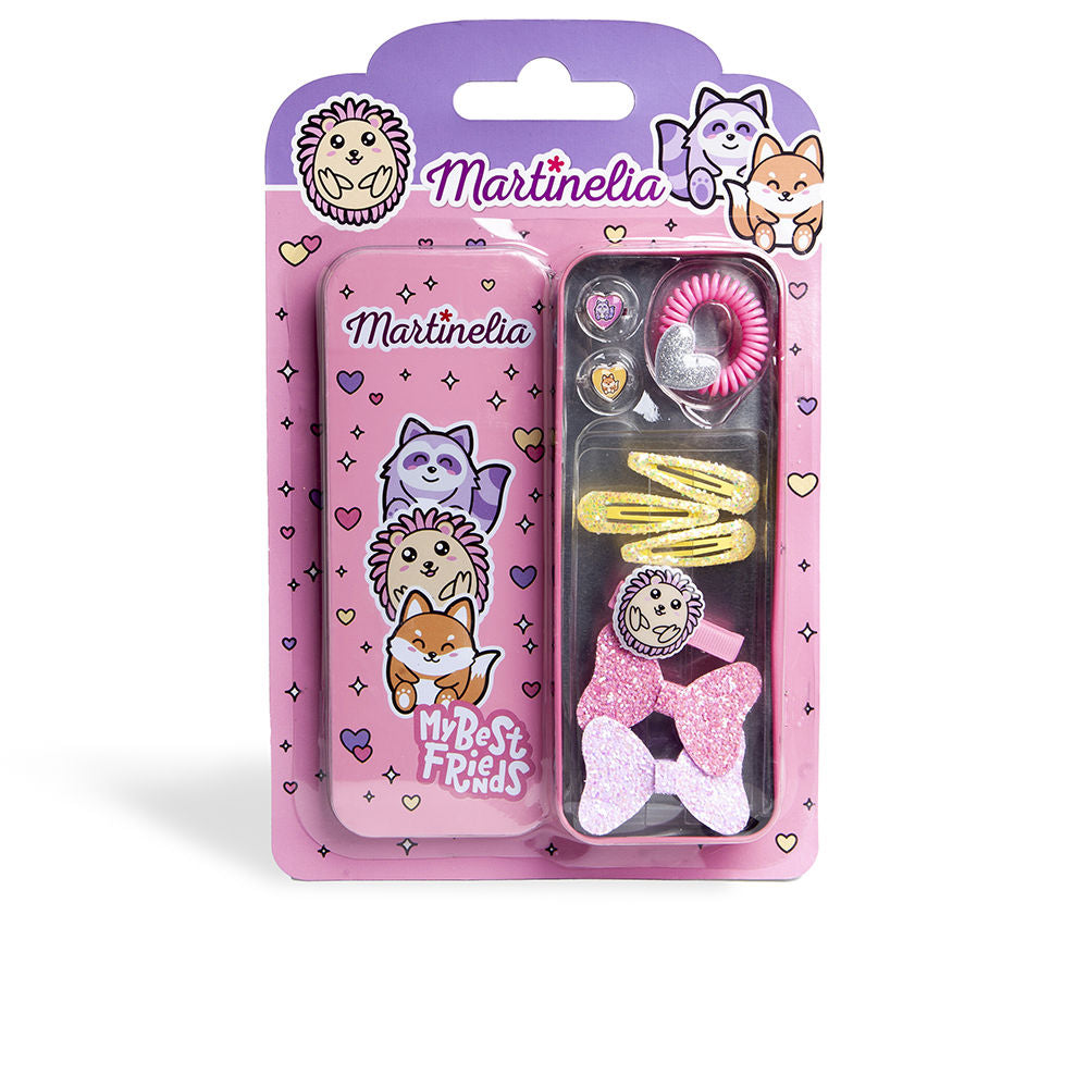 Martinelia Pink glittery hair accessories set with cartoon animal clips, heart hair tie, metal storage tin
