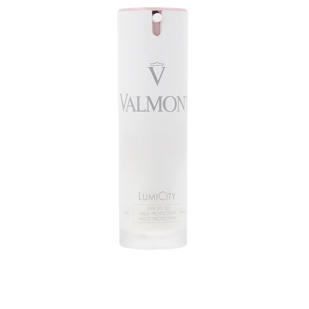 Valmont Minimalist white and pink cylindrical plastic bottle with spray nozzle, matte finish, printed text