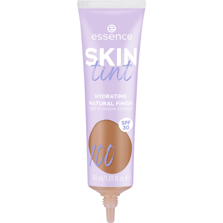 Essence Lavender and white plastic tube with brown color swatch, white screw cap, printed SPF 30 text