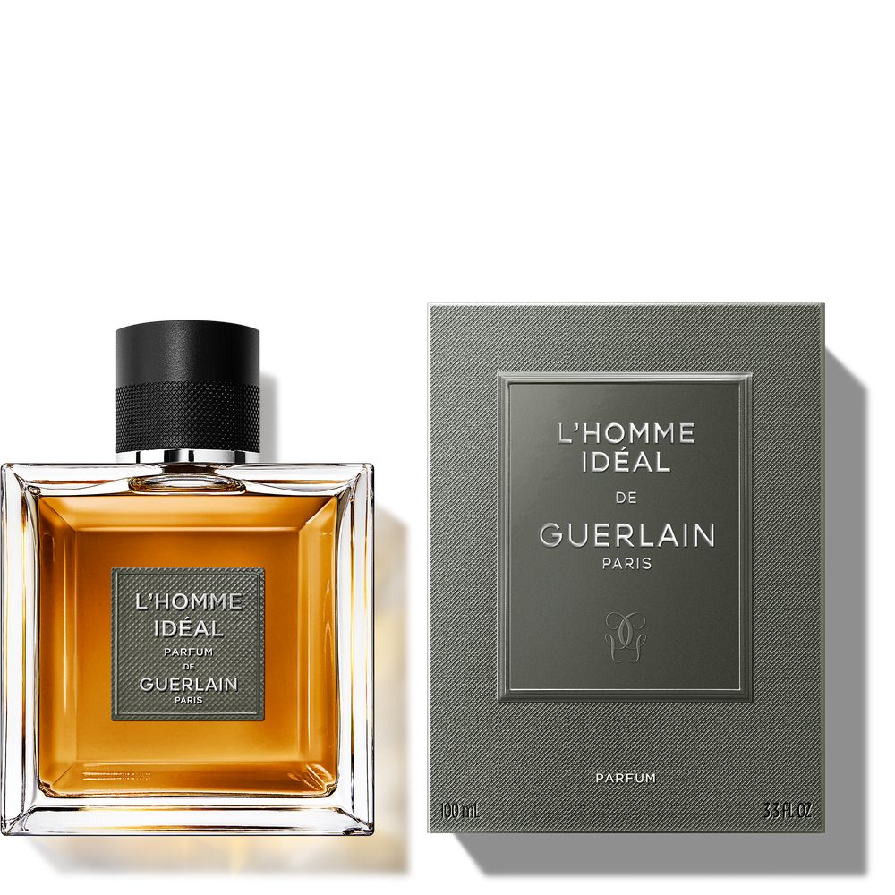 100 ml amaretto‑woody parfum bottle, deep amber liquid, elegant flacon