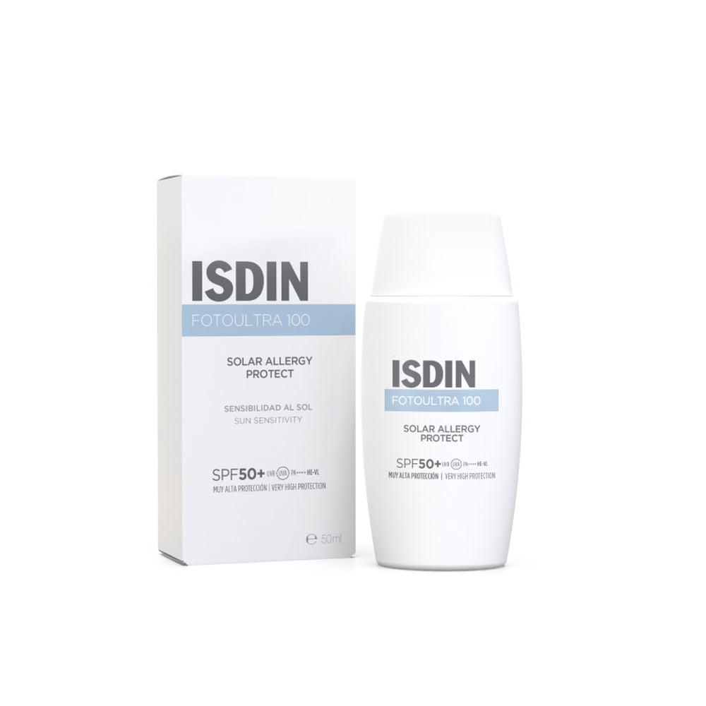 Isdin Photo Ultra Solar Allergy Fusion Fluid SPF 50+ bottle against white background