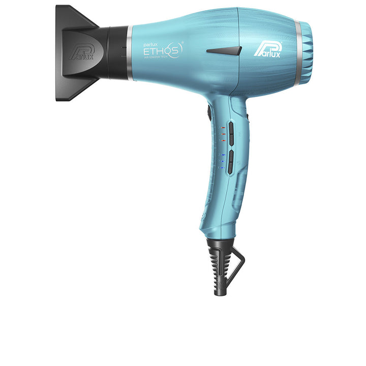 Blue professional hair dryer with narrow nozzle, digital display and rotating cable