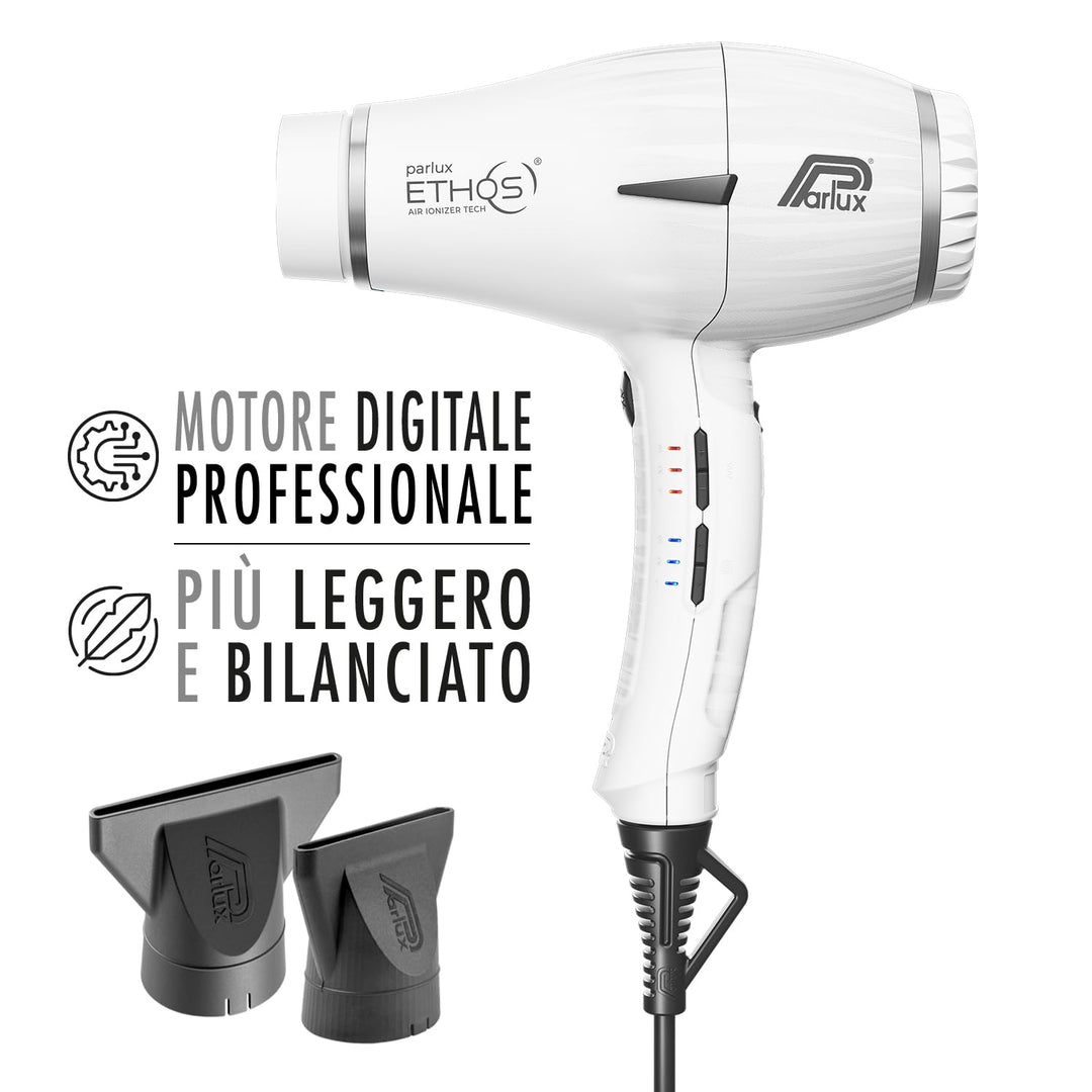 Matte white Ethos professional hair dryer with slim handle and concentrator
