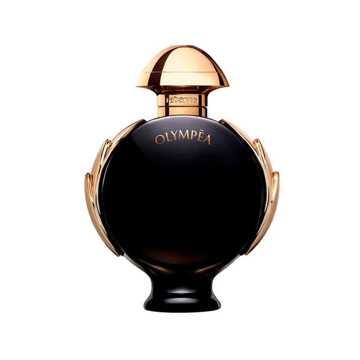 Rabanne Sculpted black perfume bottle with gold wing motif and green floral-amber liquid
