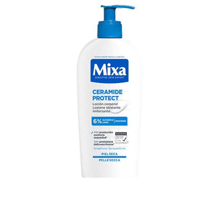 Mixa White and blue plastic pump bottle of Ceramide Protect body lotion with front text and logo, clean clinical styling