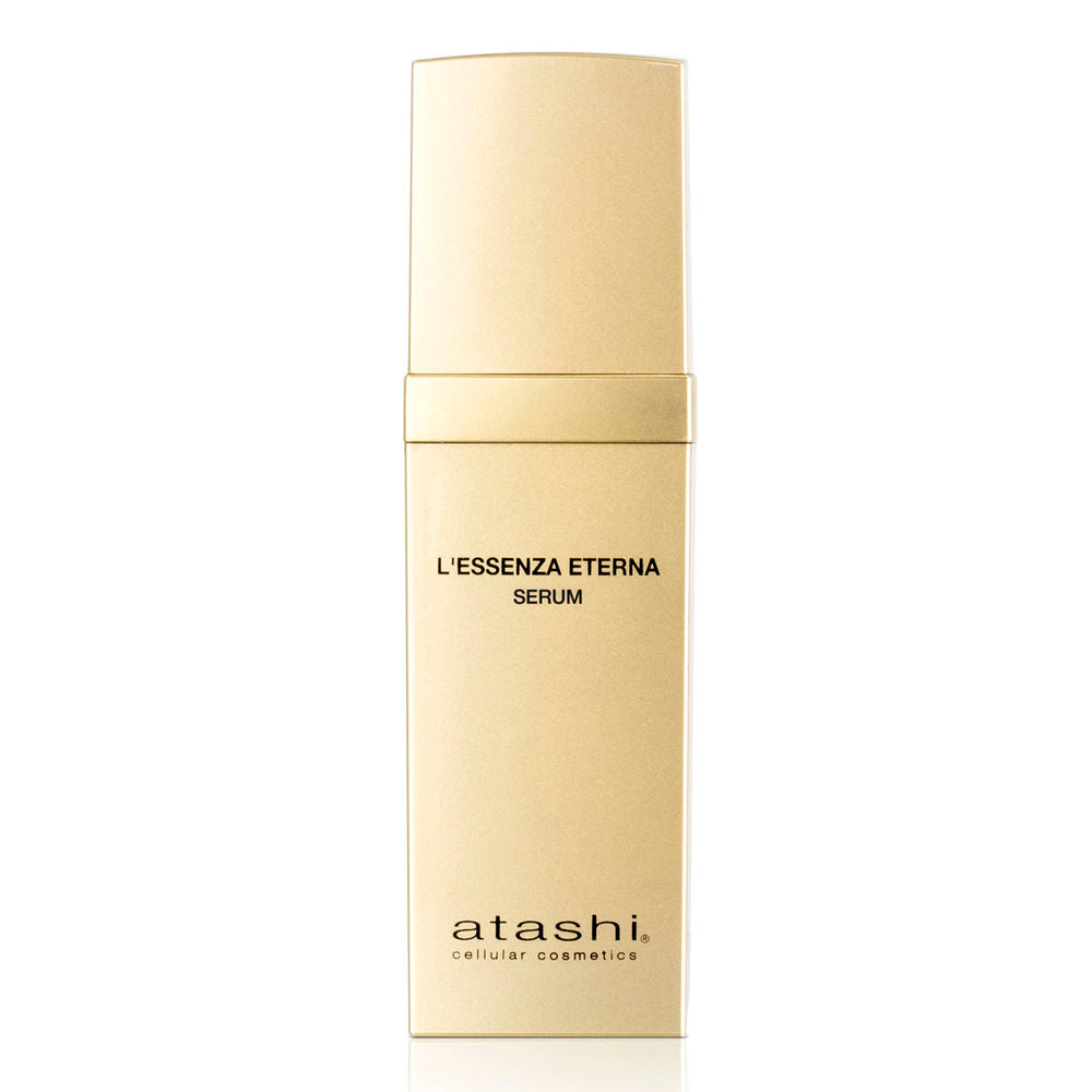 Atashi Minimalist rectangular gold serum bottle with cap, uncertain plastic or metal finish, elegant detailing