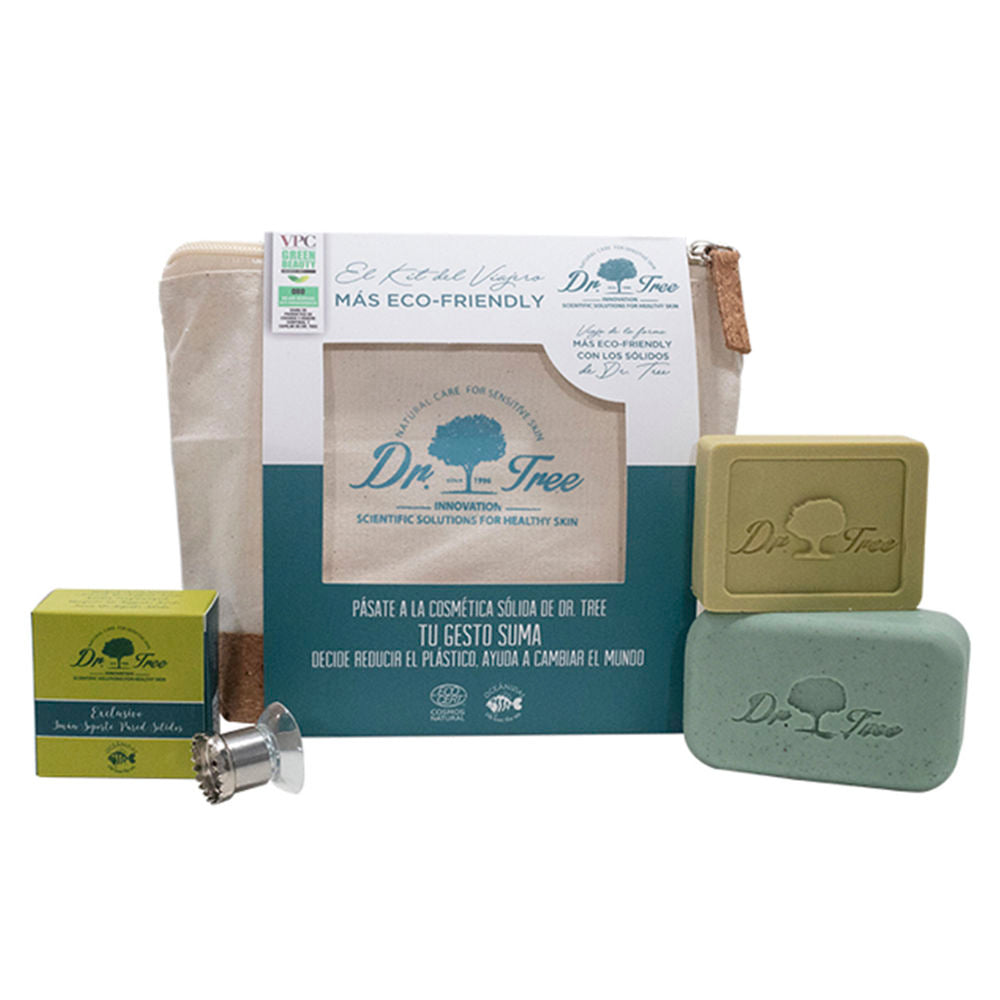 Eco-friendly kit with two solid shampoo and gel bars, neutral cream colour, travel-ready