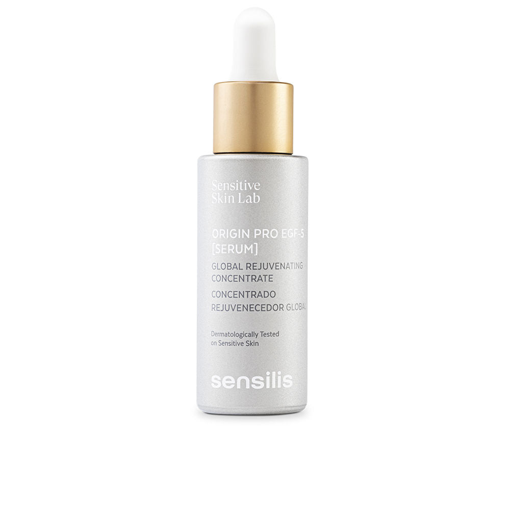 Bottle of Sensilis Origin Pro EGF-5 rejuvenating serum on neutral background