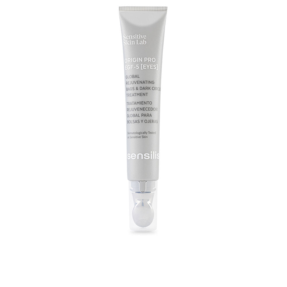 Sensilis Silver plastic tube of eye cream with metallic roller applicator, printed text and clear plastic cap