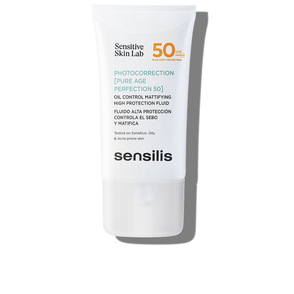 White plastic tube with flip-top cap, minimalist clean design; skin protection fluid, brand: Sensilis