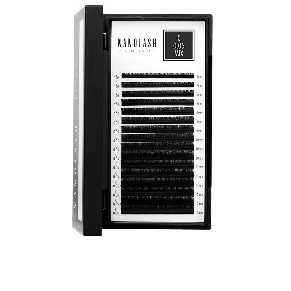 Nanolash Black volume silk eyelash extensions in compact rectangular plastic box with length markings