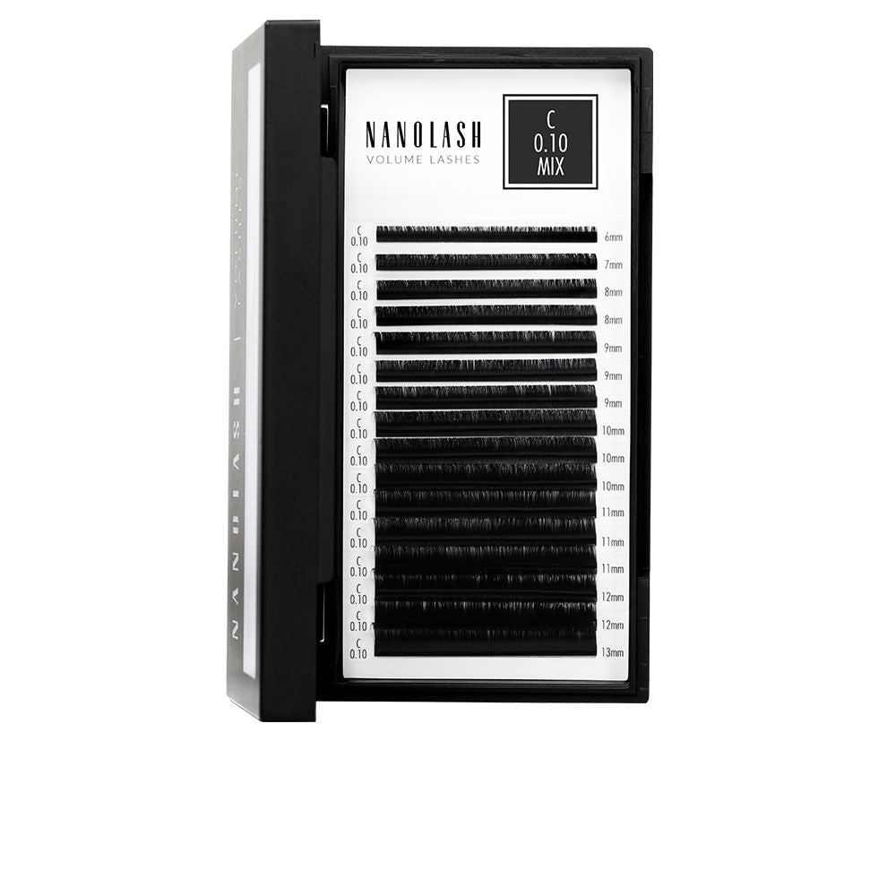 Tray of black silk Nanolash 0.10 C volume eyelash extensions in varying lengths