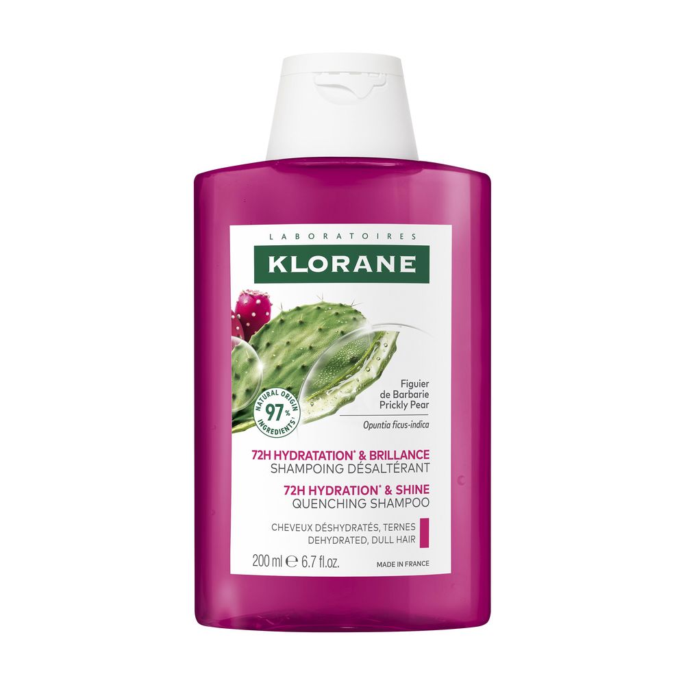 200 ml bottle of hydrating prickly pear shampoo for dry hair, creamy foam