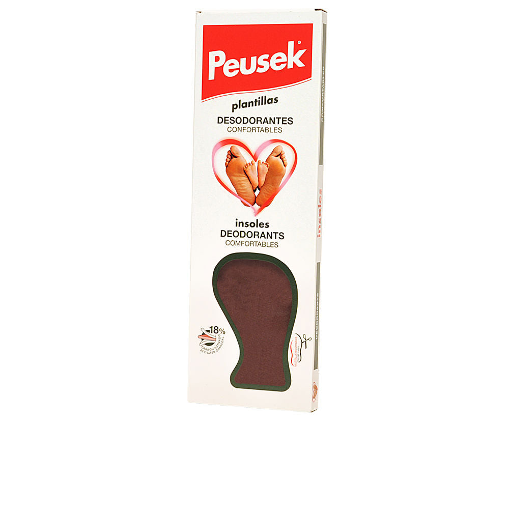 Peusek Activated charcoal deodorizing insoles in white, red, brown within cardboard packaging, footprint cutout window visible