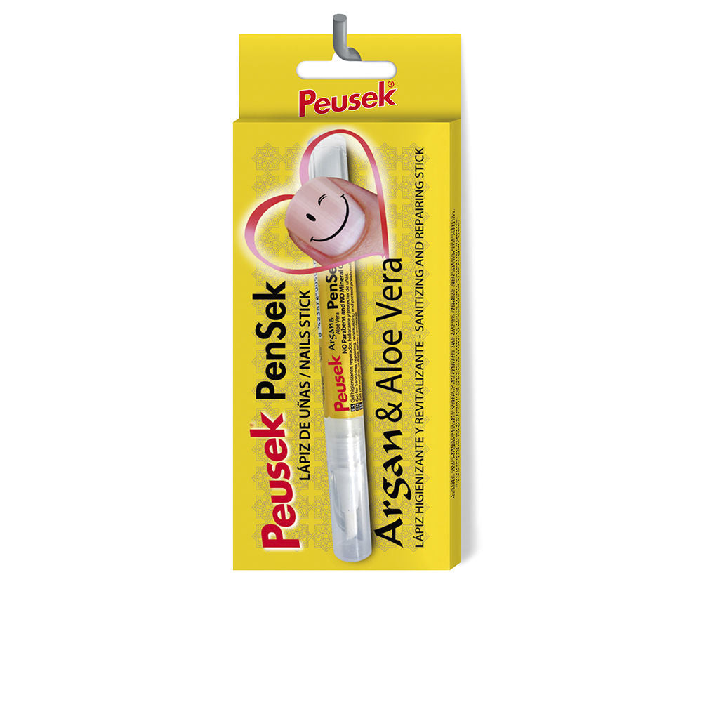 Peusek Slim yellow plastic nail stick with pen shape, transparent cap, smiley face and heart graphics