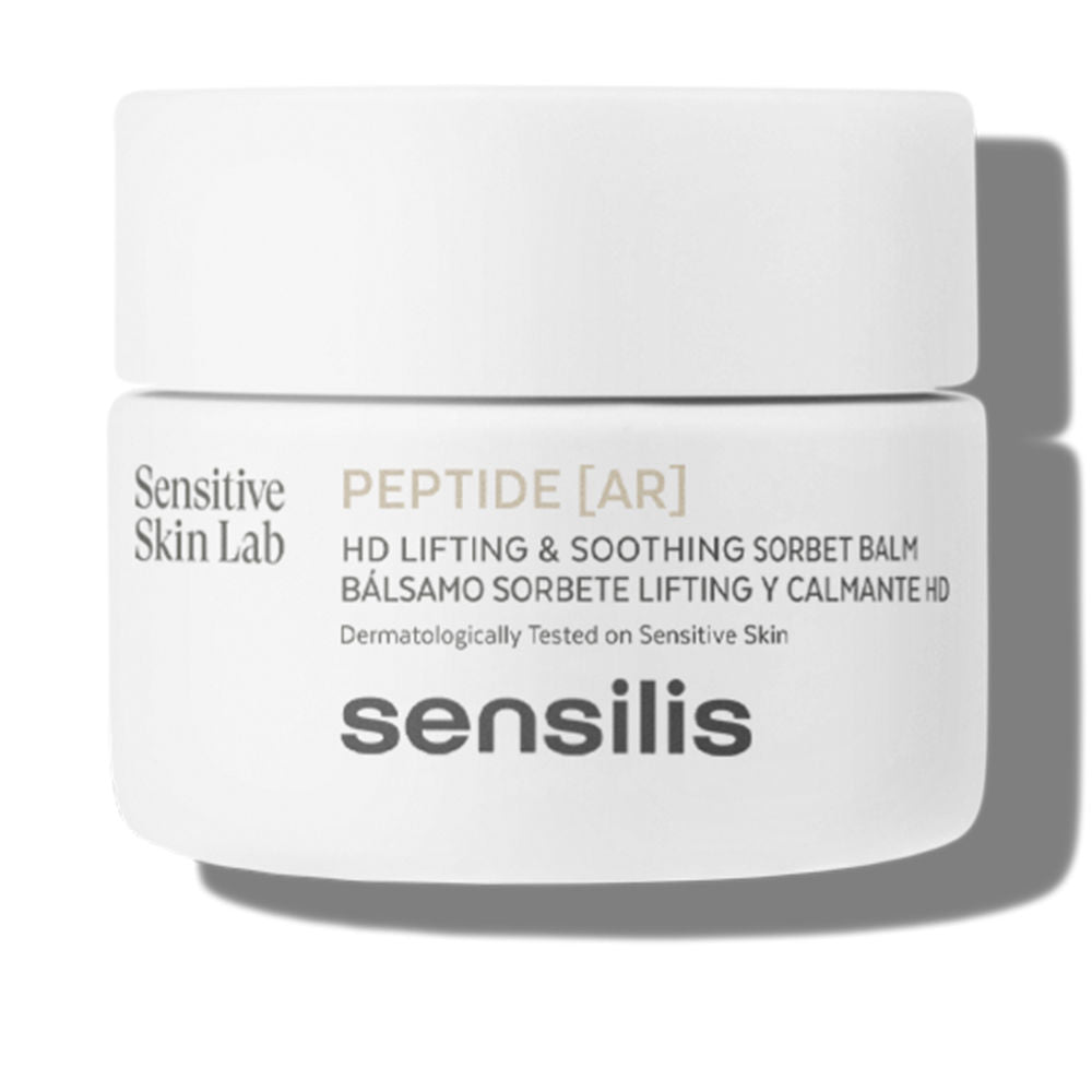 Sensilis White sorbet balm in a minimalist plastic jar with screw lid, smooth texture, understated design .
