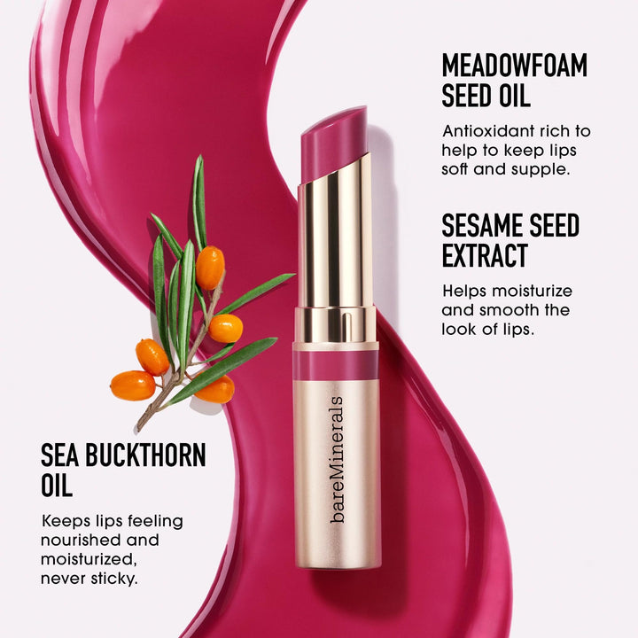 Bare Minerals hydrating satin lip gloss in clear tube with doe-foot applicator showing glossy, sheer finish